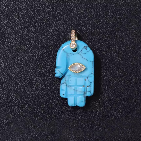 Hamsa Fatima Hand Turquoise Natural Stone Pendant Charm - Picture 1 of 6